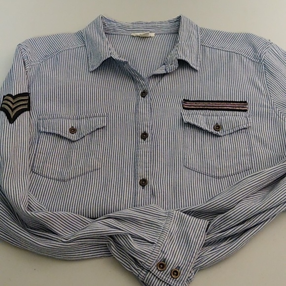 TRIBAL JEANS STREETWEAR RAW HEM MILITARY SOFT WORN DENIM CHAMBRAY STRIPE SHIRT - Picture 13 of 13